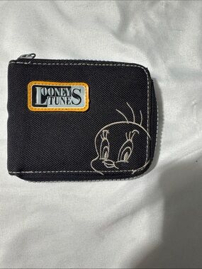 Vintage 1998 Looney Tunes Tweety Bird Black Zip Wallet 90s Y2K Warner Bros